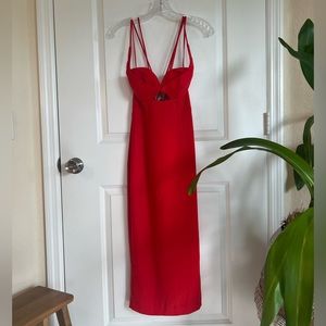 Red body con midi with vintage detail and tie back
